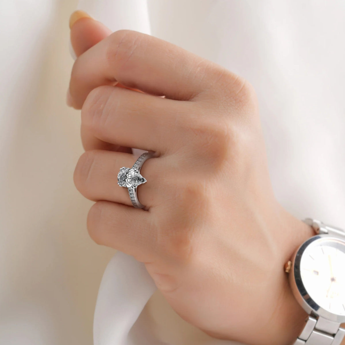 18K White Gold Pear Cut Lab Grown Diamond Engagement Ring - 1.0 - 2.0ct - Triple