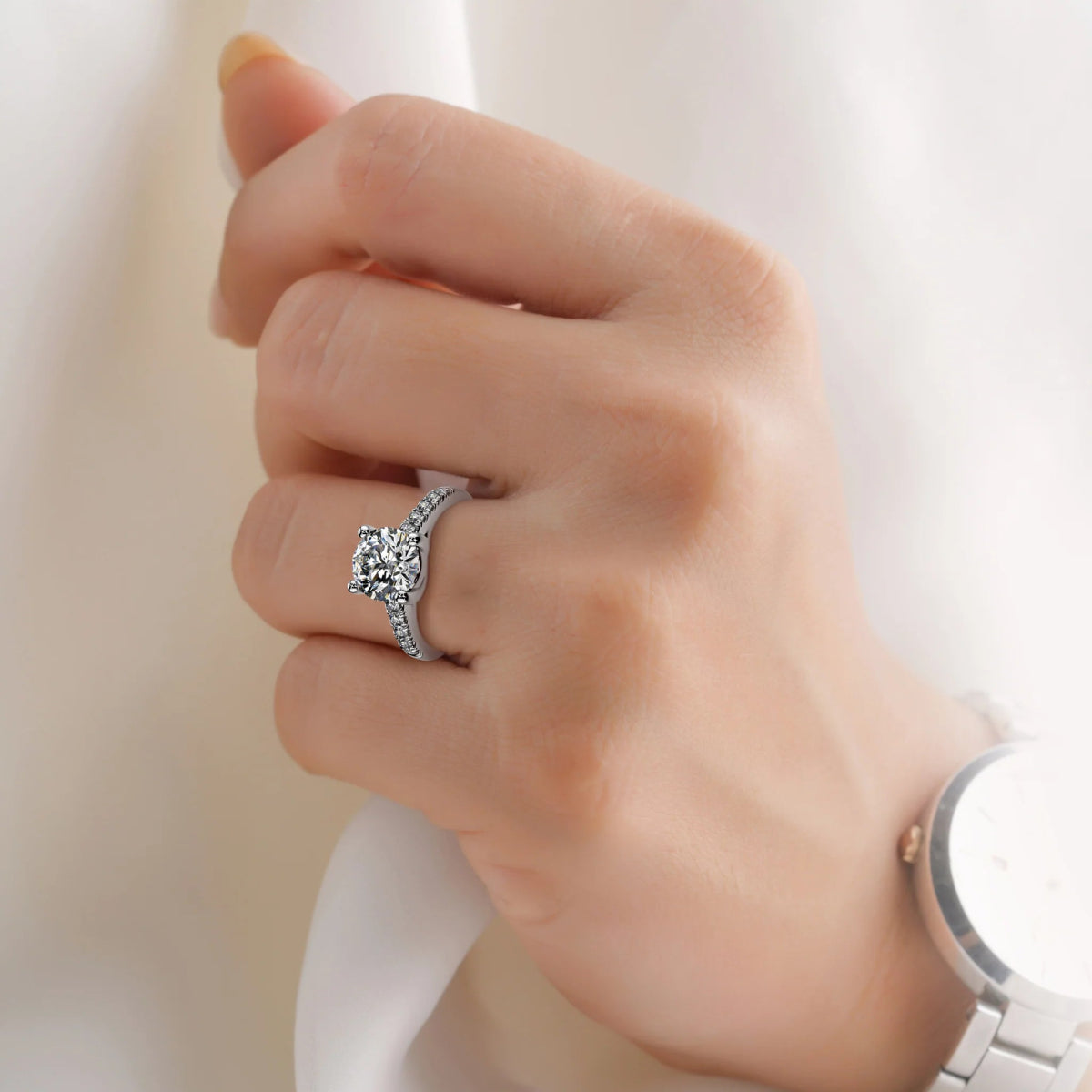 18K White Gold Round Brilliant Cut Round Cut Solitaire Lab Grown Diamond Engagement Ring 1.0 - 2.0ct - Triple