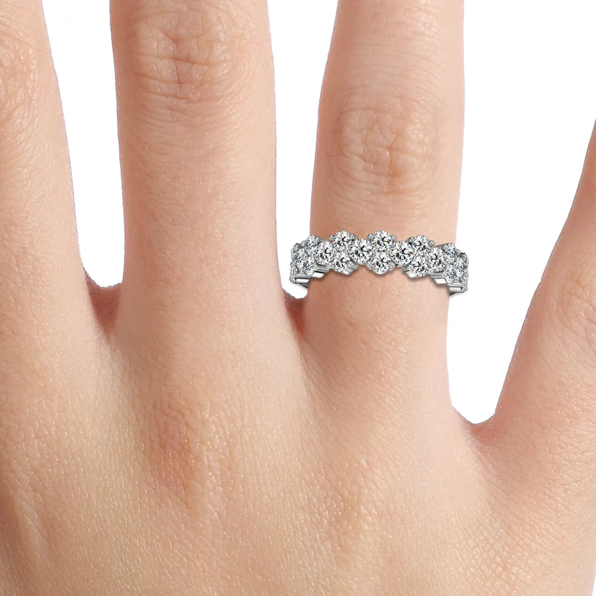 18K White Gold Round Lab Grown Diamond Cluster Half Eternity Ring - Triple