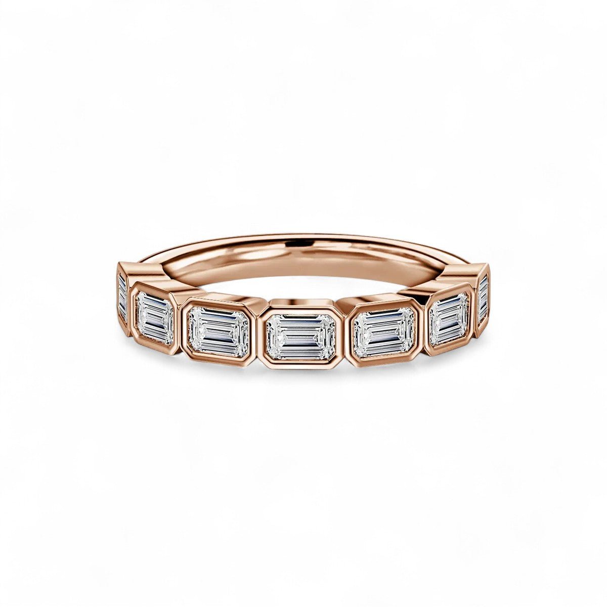 18K Rose Gold Emerald Cut Lab Grown Diamond 7 Stone Bezel Set Half Eternity Ring 1.05 - 1.75ct - Triple
