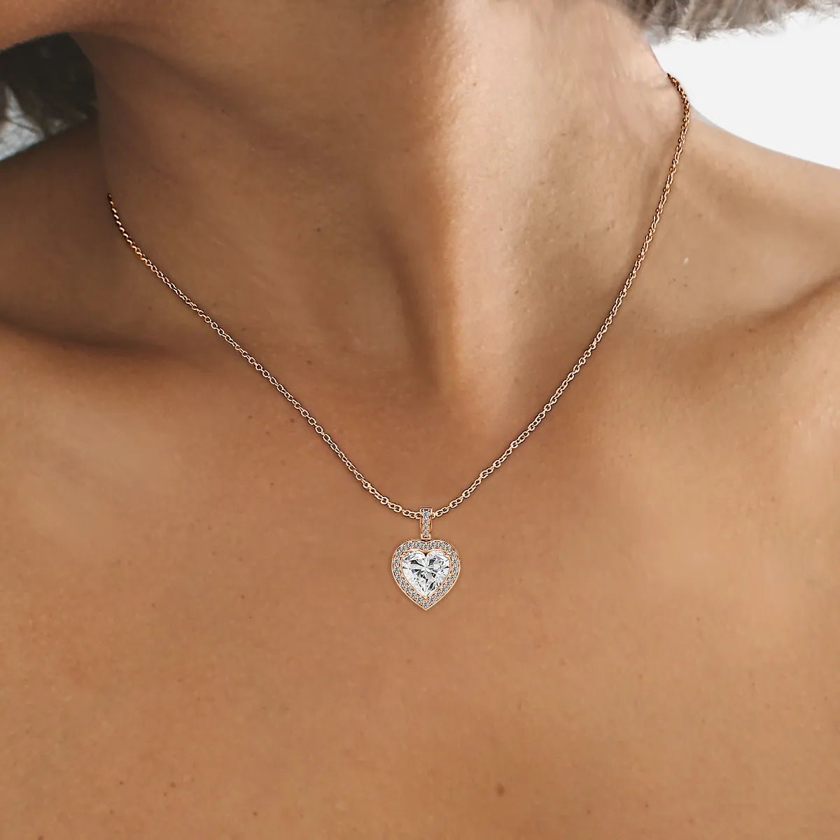 18K Rose Gold Heart - Shaped Lab Grown Diamond Halo Pendant Necklace 1.0 - 3.0ct - Triple