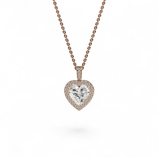 18K Rose Gold Heart - Shaped Lab Grown Diamond Halo Pendant Necklace 1.0 - 3.0ct - Triple