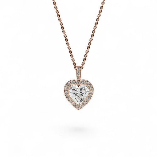 18K Rose Gold Heart-Shaped Lab Grown Diamond Halo Pendant Necklace 1.0-3.0ct
