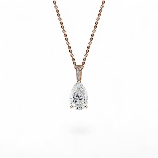 18K Rose Gold Pear Cut Lab Grown Diamond Pendant Necklace 1.0 - 3.0ct - Triple