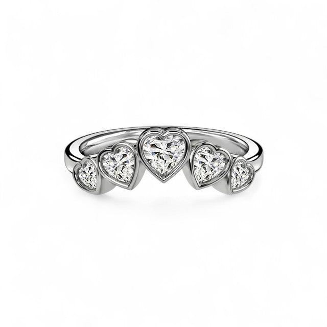 18K White Gold 5 Stone Heart - Shaped Lab Grown Diamond Half Eternity Ring 1.0 - 2.0ct - Triple
