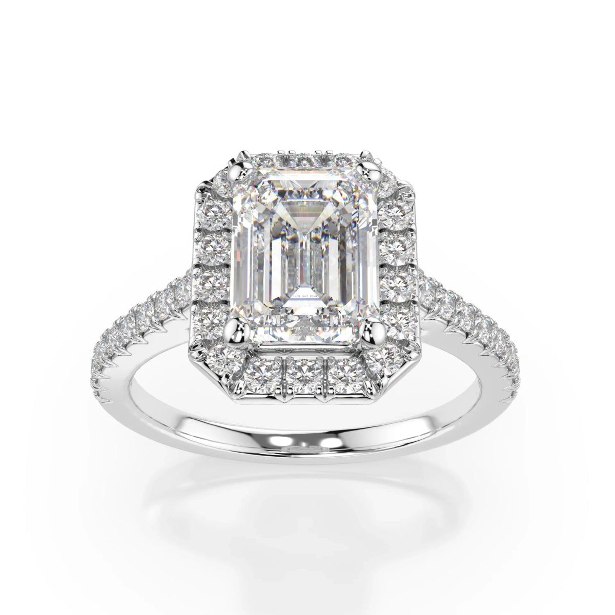 18K White Gold Emerald Cut Lab Grown Diamond Halo Engagement Ring 1.0 - 2.0ct - Triple