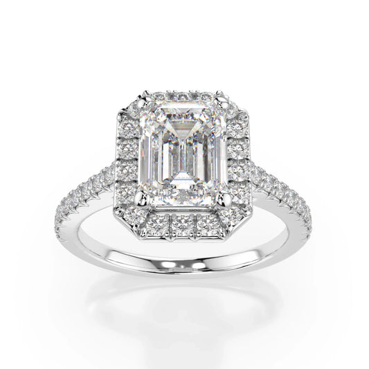 18K White Gold Emerald Cut Lab Grown Diamond Halo Engagement Ring 1.0 - 2.0ct - Triple