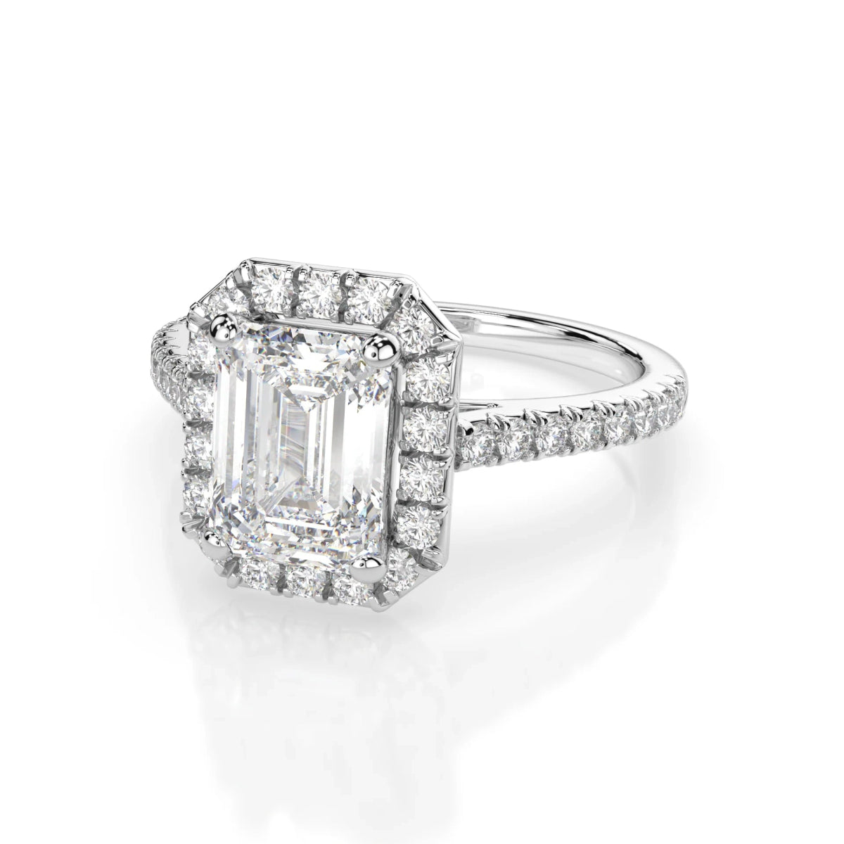 18K White Gold Emerald Cut Lab Grown Diamond Halo Engagement Ring 1.0 - 2.0ct - Triple