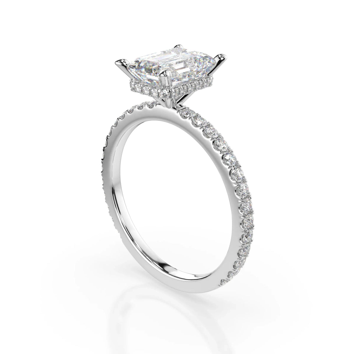 18K White Gold Emerald Cut Lab Grown Diamond Hidden Halo Engagement Ring 1.0 - 2.0ct - Triple