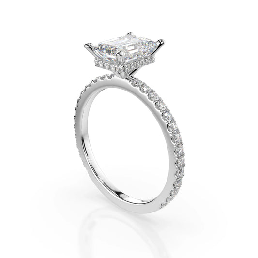 18K White Gold Emerald Cut Lab Grown Diamond Hidden Halo Engagement Ring 1.0 - 2.0ct - Triple