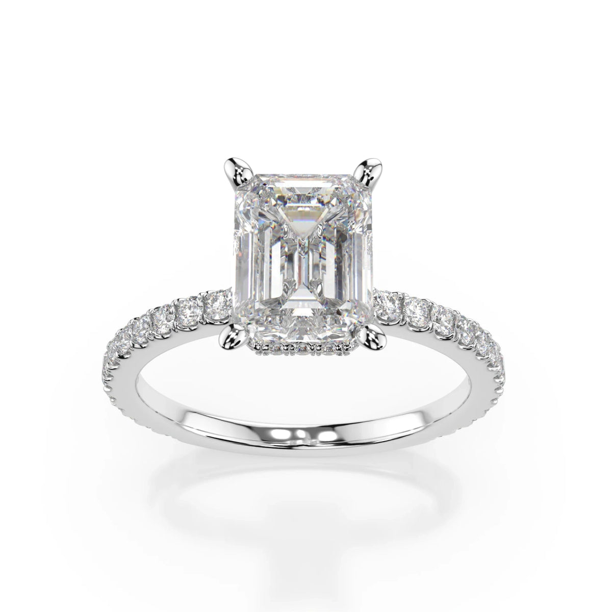 18K White Gold Emerald Cut Lab Grown Diamond Hidden Halo Engagement Ring 1.0 - 2.0ct - Triple