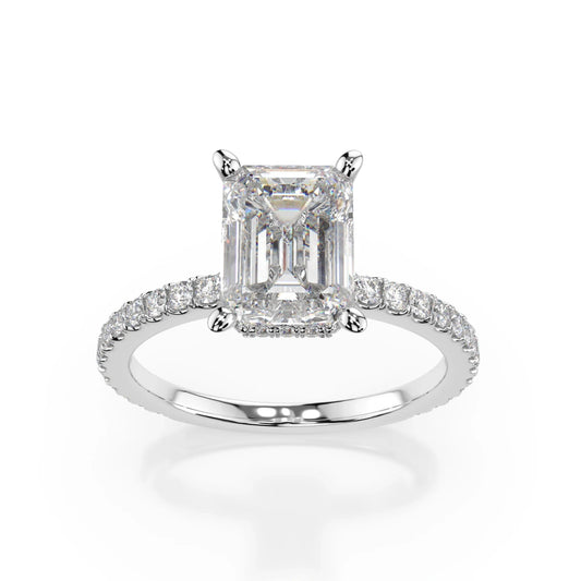 18K White Gold Emerald Cut Lab Grown Diamond Hidden Halo Engagement Ring 1.0 - 2.0ct - Triple