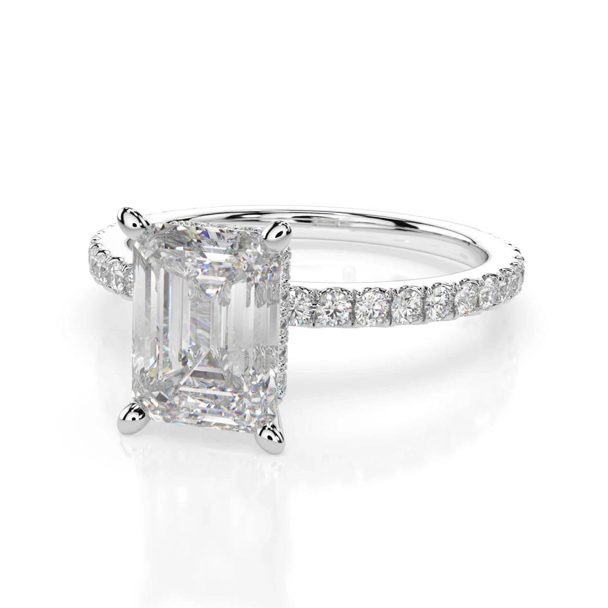 18K White Gold Emerald Cut Lab Grown Diamond Hidden Halo Engagement Ring 1.0 - 2.0ct - Triple