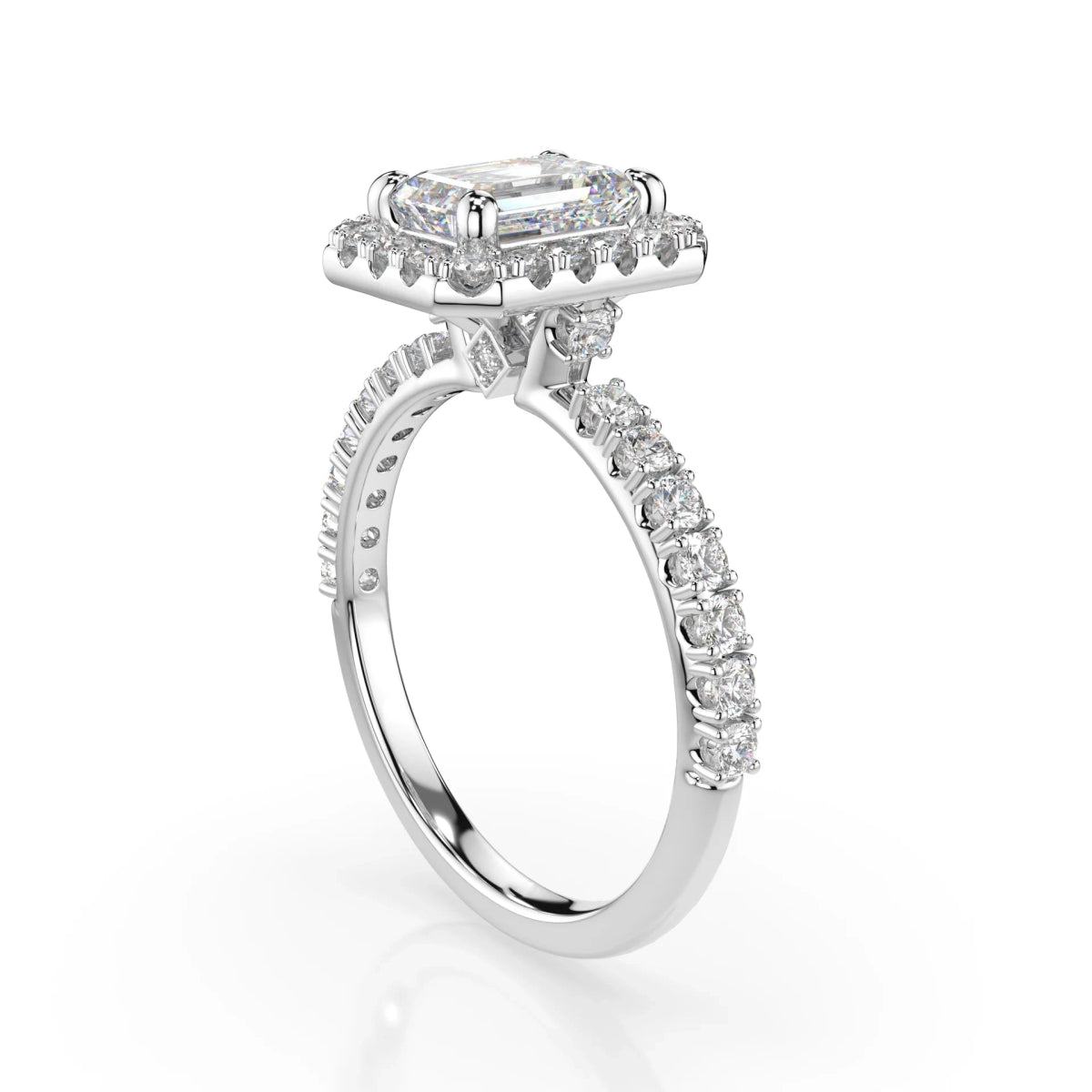 18K White Gold Emerald Cut Lab Grown Diamond High Halo Engagement Ring 1.0 - 2.0ct - Triple