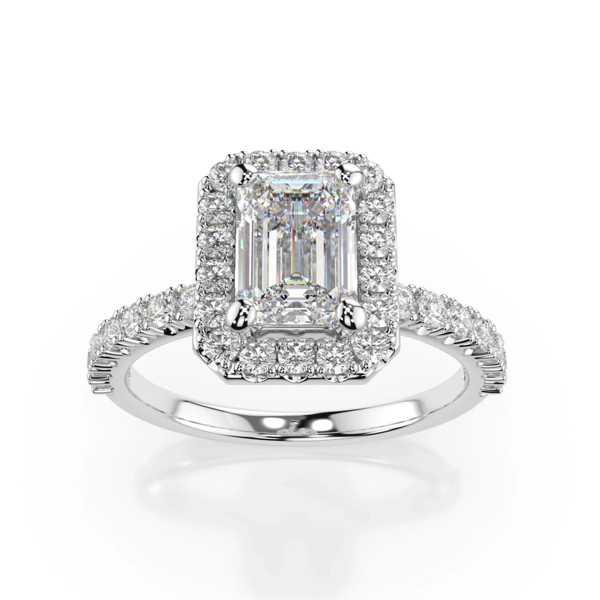 18K White Gold Emerald Cut Lab Grown Diamond High Halo Engagement Ring 1.0 - 2.0ct - Triple