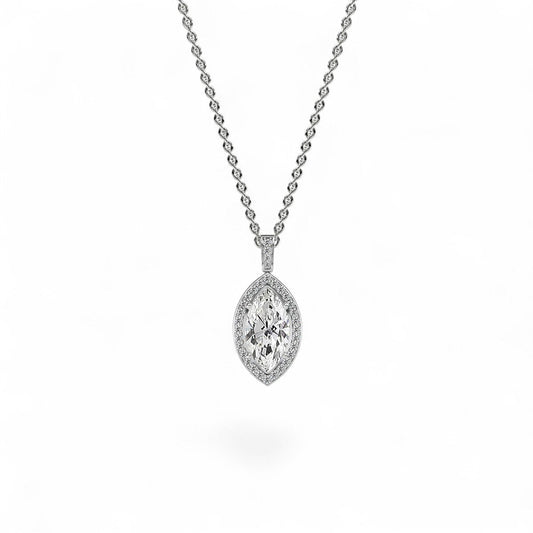 18K White Gold Marquise Cut Lab Grown Diamond Halo Pendant Necklace 1.0 - 3.0ct - Triple