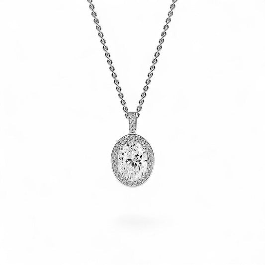 18K White Gold Oval Cut Lab Grown Diamond Halo Pendant Necklace 1.0 - 3.0ct - Triple