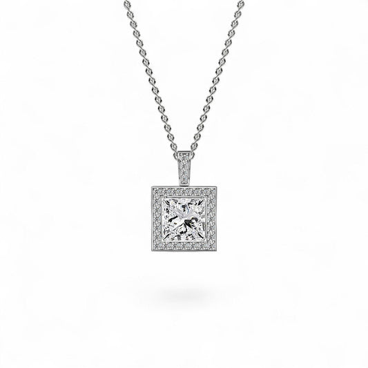 18K White Gold Princess Cut Lab Grown Diamond Halo Pendant Necklace 1.0 - 3.0ct - Triple