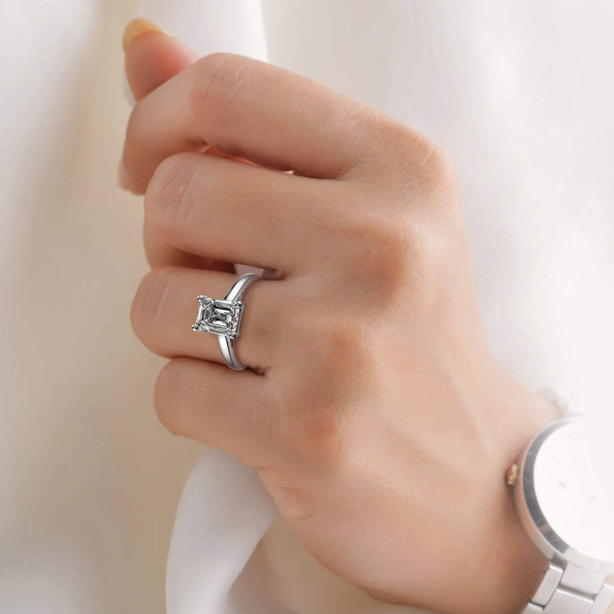 18K White Gold Radiance Emerald Cut Lab Grown Diamond Plain Band Engagement Ring 1.0 - 2.0ct - Triple