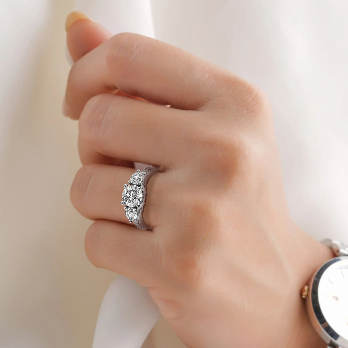 18K White Gold Round Brilliant Cut 3 Stone Lab Grown Diamond Engagement Ring 1.0 - 2.0ct - Triple