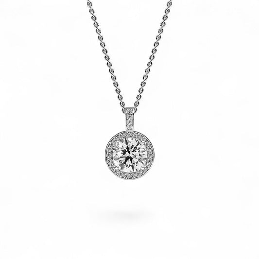 18K White Gold Round Brilliant Cut Lab Grown Diamond Halo Pendant Necklace 1.0 - 3.0ct - Triple