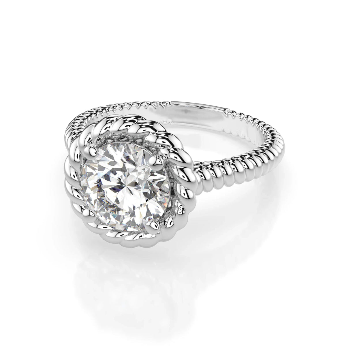 18K White Gold Round Brilliant Lab Grown Diamond Braided Rope Solitaire Ring 1.0 - 2.0ct - Triple