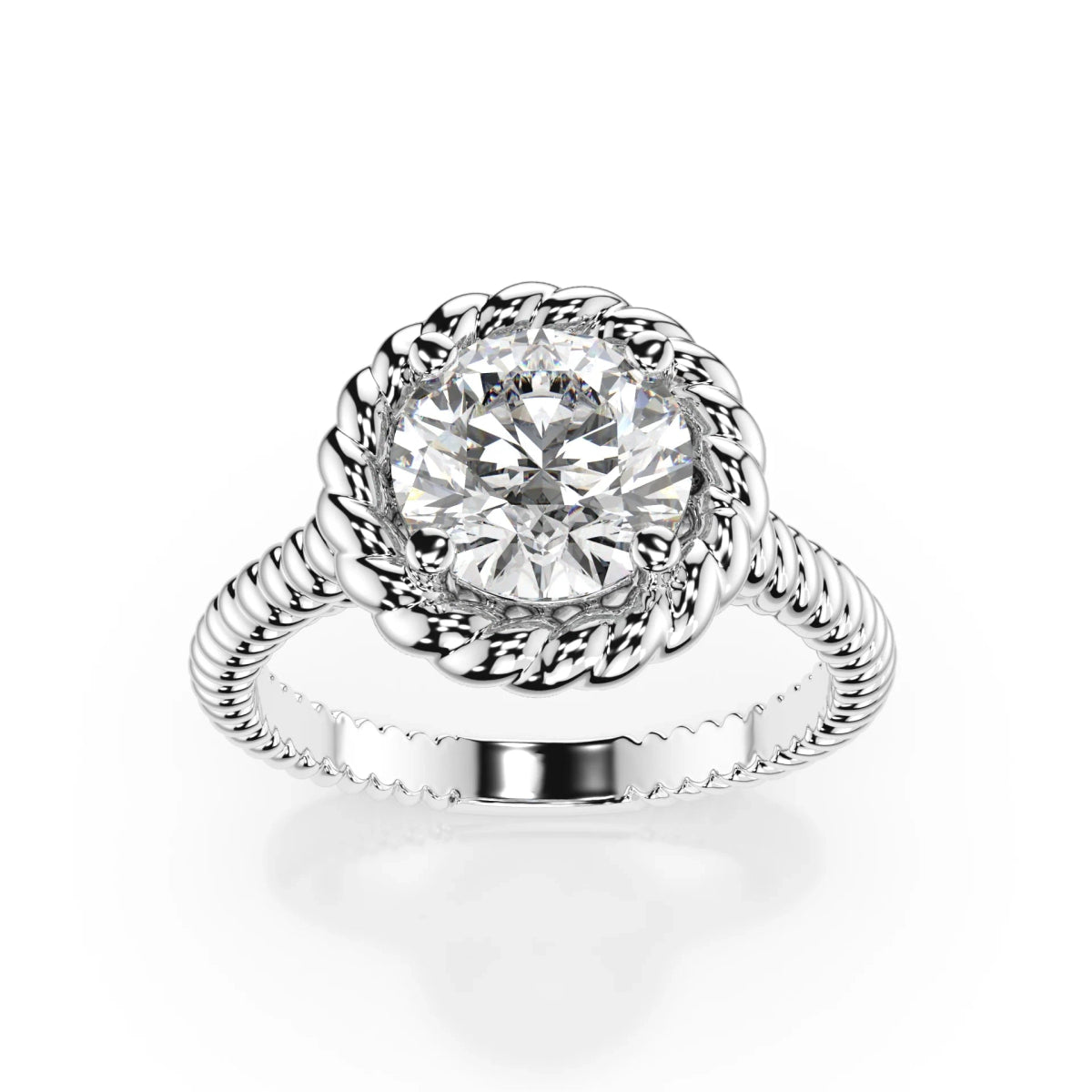 18K White Gold Round Brilliant Lab Grown Diamond Braided Rope Solitaire Ring 1.0 - 2.0ct - Triple