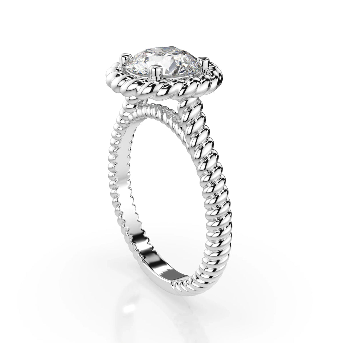 18K White Gold Round Brilliant Lab Grown Diamond Braided Rope Solitaire Ring 1.0 - 2.0ct - Triple