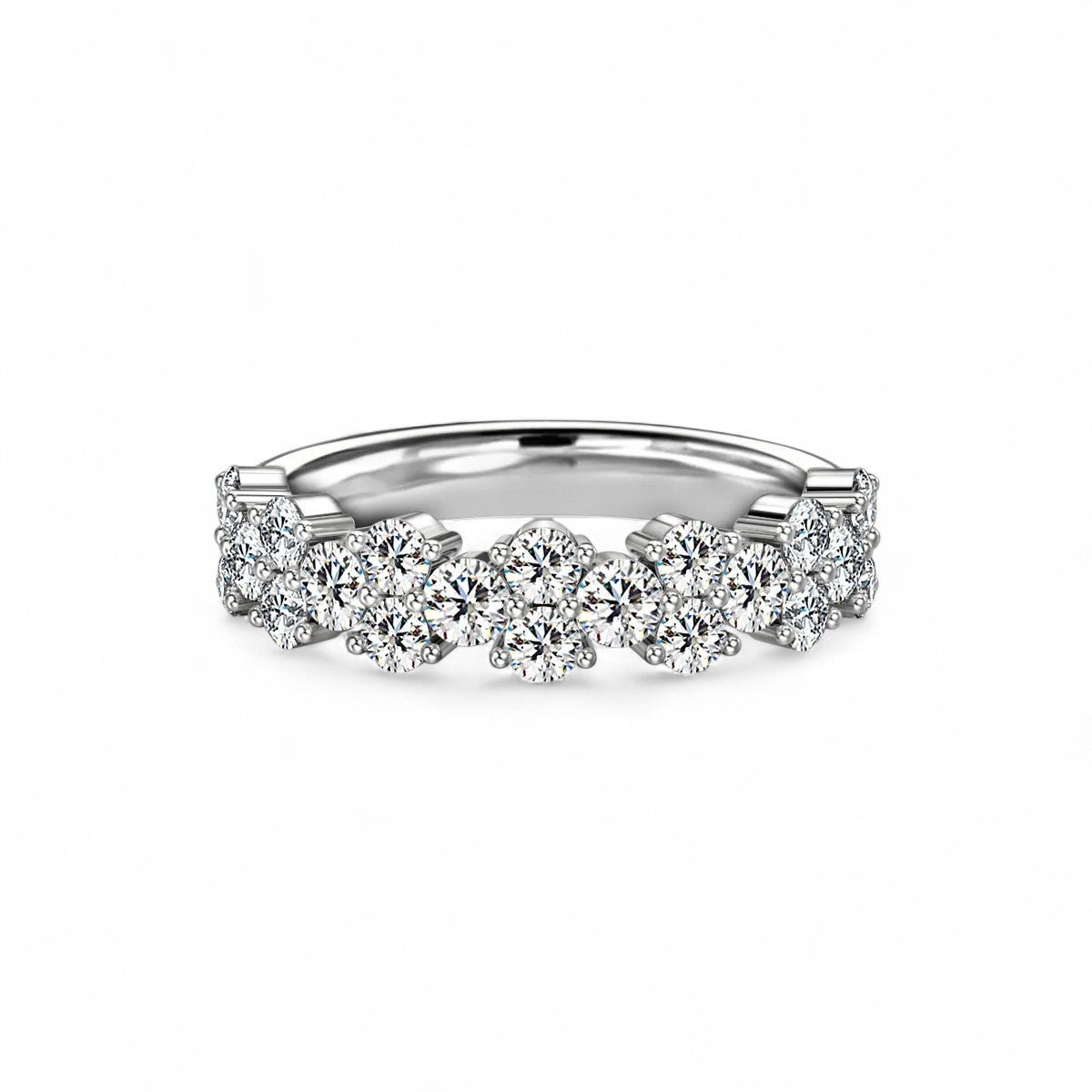 18K White Gold Round Lab Grown Diamond Cluster Half Eternity Ring - Triple