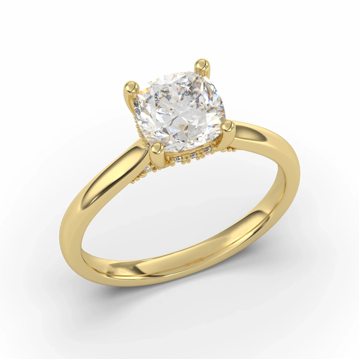 18K Yellow Classic Hidden Halo Cushion Cut Lab Grown Diamond Engagement Ring 1.0 - 2.0ct - Triple