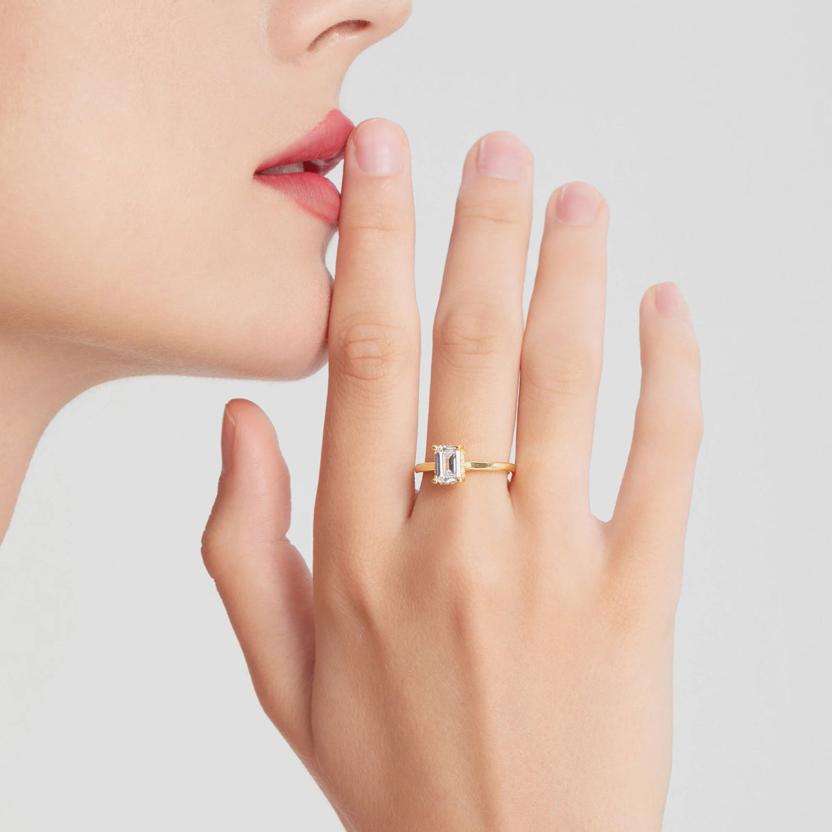 18K Yellow Gold Classic Emerald Cut Lab Grown Diamond Hidden Halo Engagement Ring 1.0 - 2.0ct - Triple