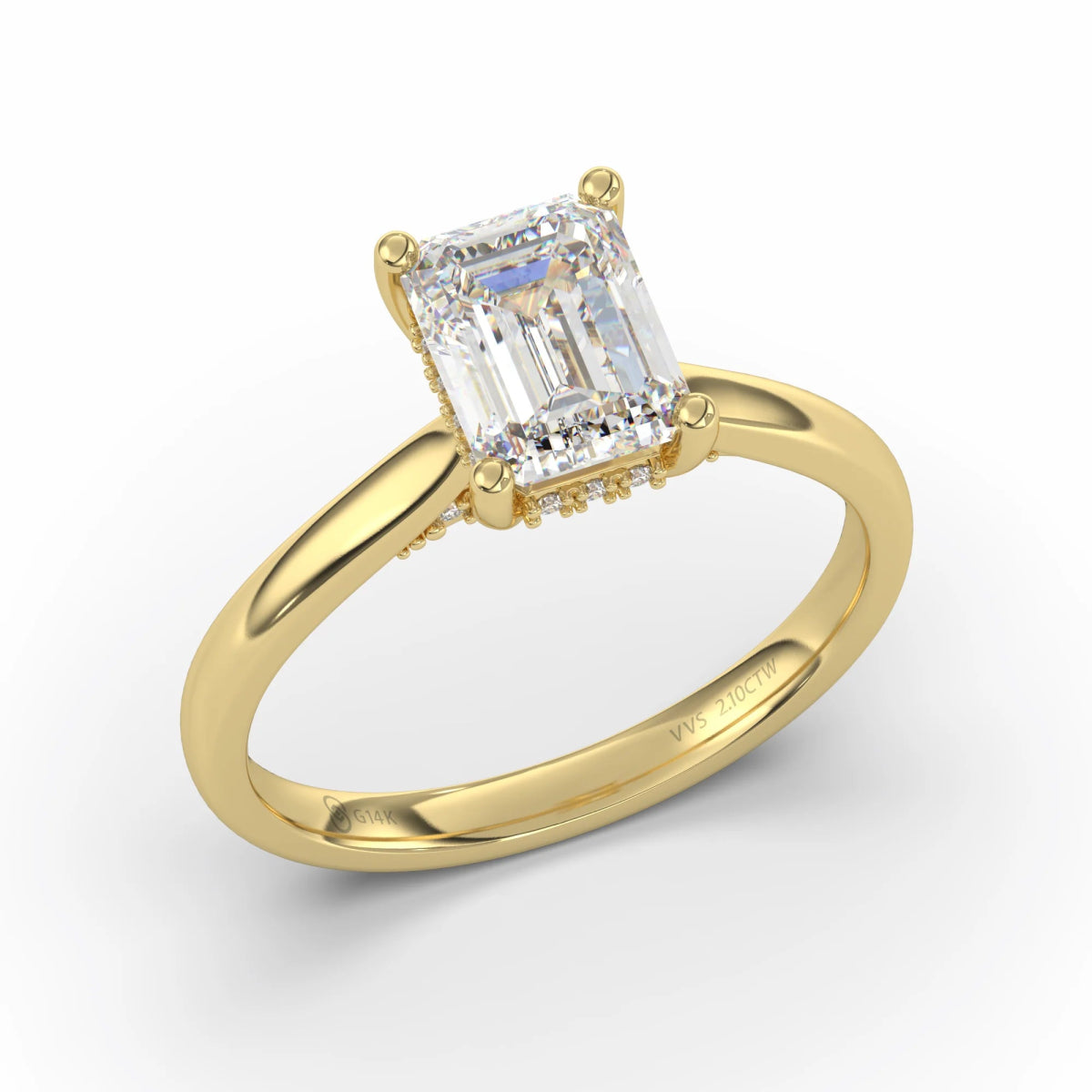 18K Yellow Gold Classic Emerald Cut Lab Grown Diamond Hidden Halo Engagement Ring 1.0 - 2.0ct - Triple