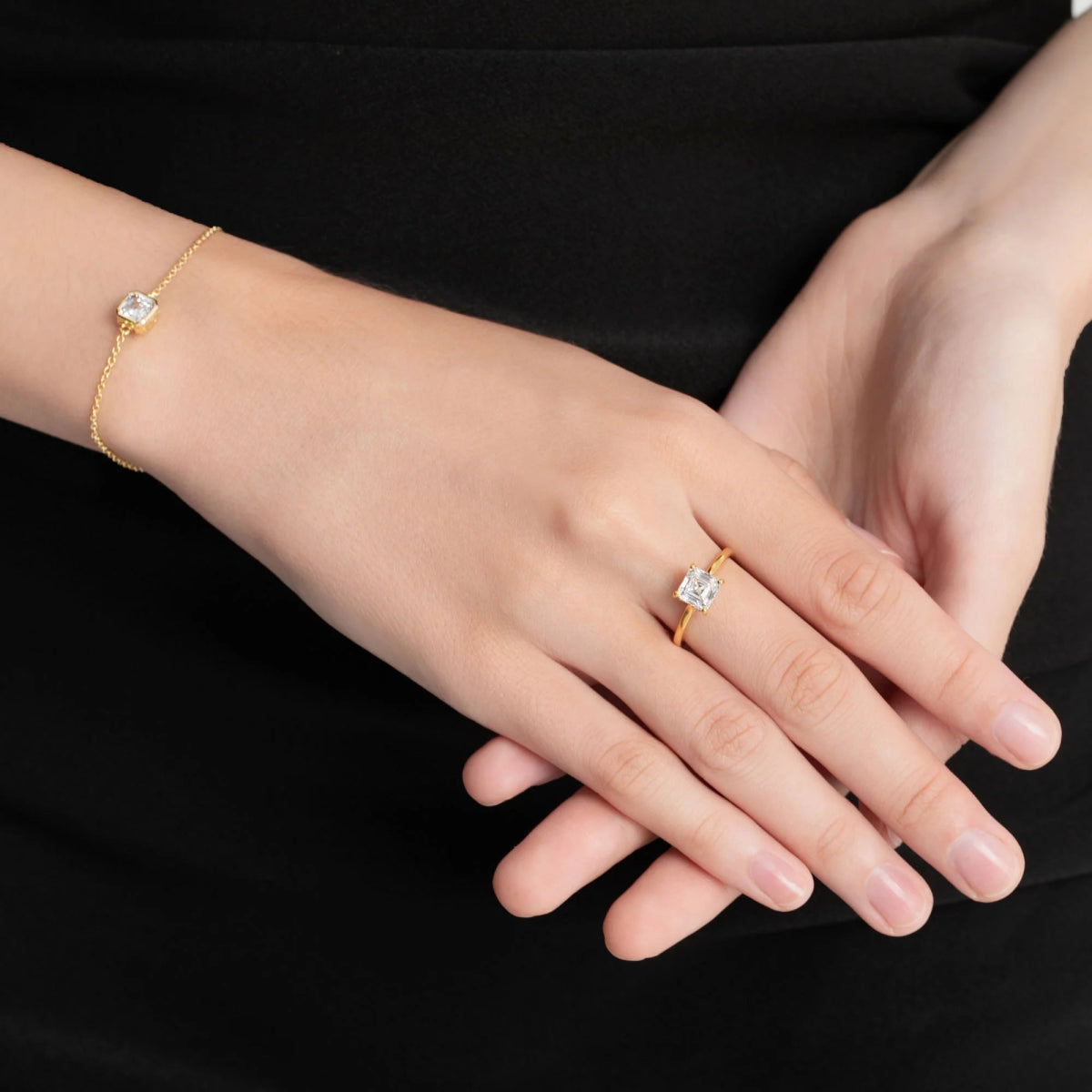 18K Yellow Gold Classic Hidden Halo Asscher Cut Lab Grown Diamond Engagement Ring 1.0 - 2.0ct - Triple