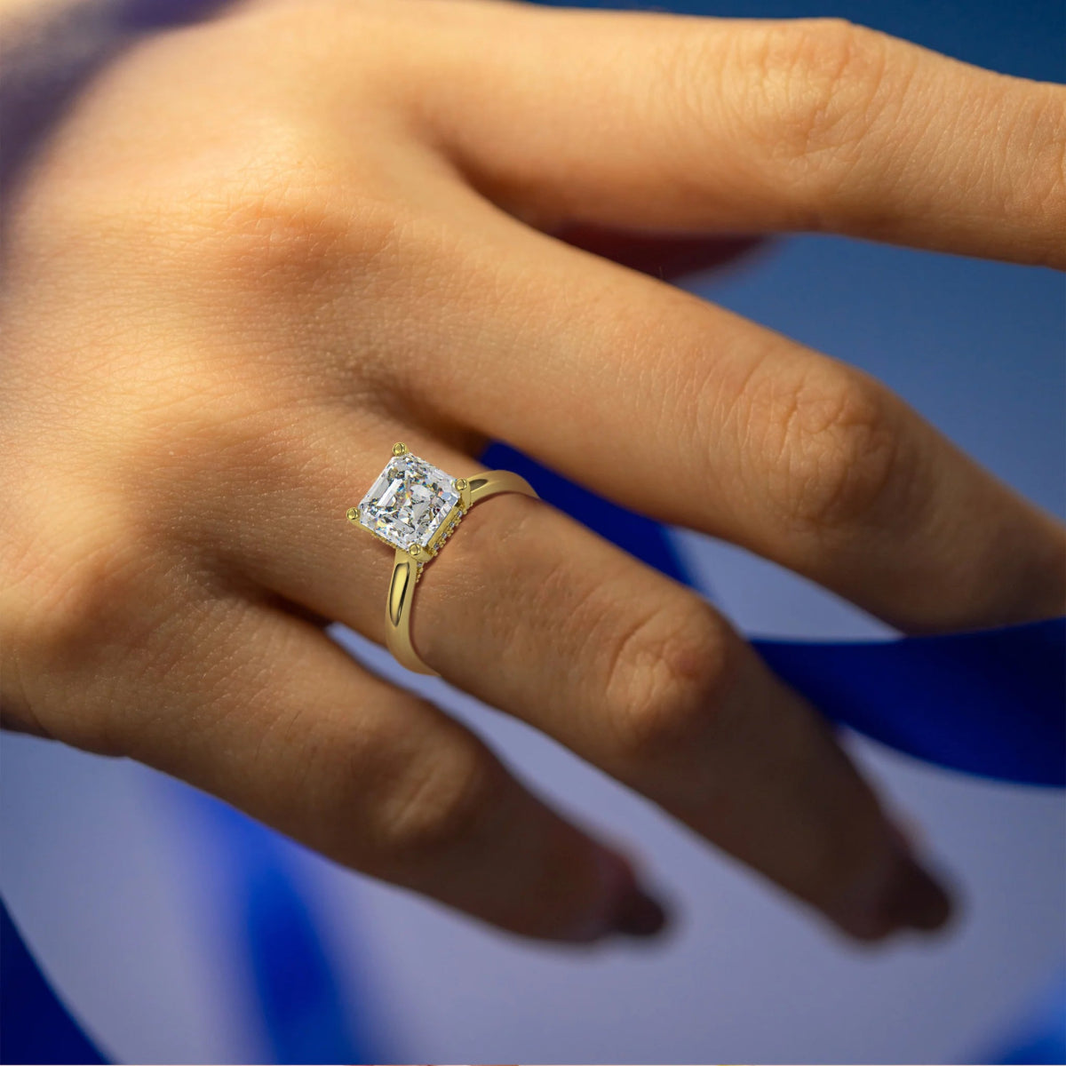 18K Yellow Gold Classic Hidden Halo Asscher Cut Lab Grown Diamond Engagement Ring 1.0 - 2.0ct - Triple