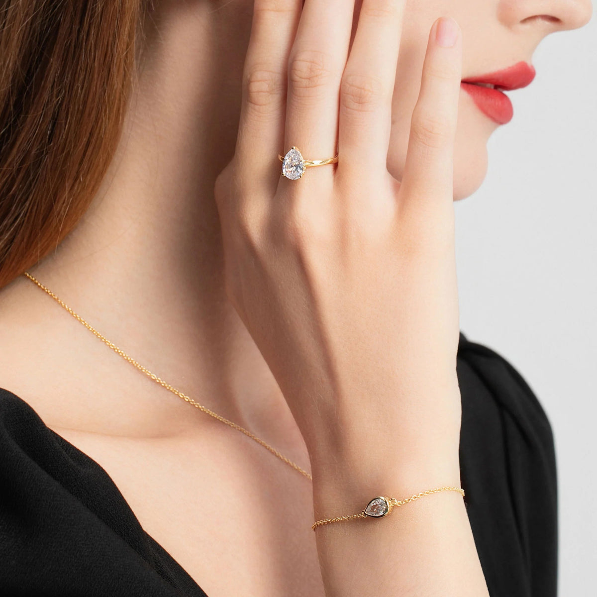 18K Yellow Gold Classic Hidden Halo Pear Cut Lab Grown Diamond Engagement Ring - 1.0 - 2.0ct - Triple