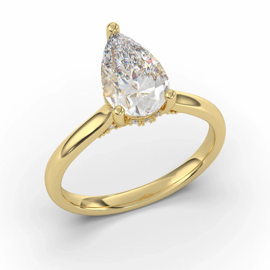 18K Yellow Gold Classic Hidden Halo Pear Cut Lab Grown Diamond Engagement Ring - 1.0 - 2.0ct - Triple