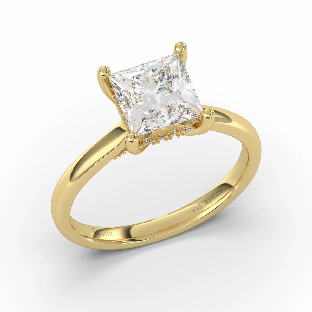 18K Yellow Gold Classic Princess Cut Lab Grown Diamond Hidden Halo Engagement Ring 1.0 - 2.0ct - Triple