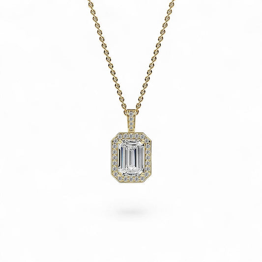 18K Yellow Gold Emerald Cut Lab Grown Diamond Halo Pendant Necklace 1.0 - 3.0ct - Triple