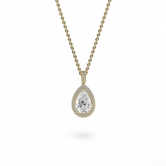 18K Yellow Gold Pear Cut Lab Grown Diamond Halo Pendant Necklace 1.0 - 3.0ct - Triple