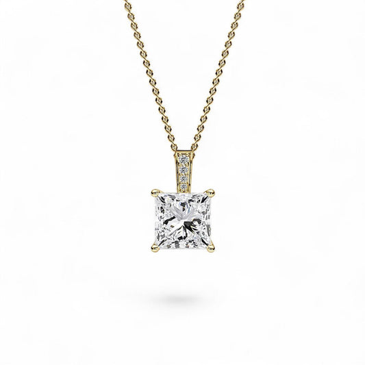 18K Yellow Gold Princess Cut Lab Grown Diamond Pendant Necklace 1.0 - 3.0ct - Triple