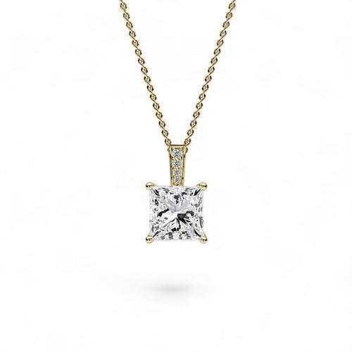 18K Yellow Gold Princess Cut Lab Grown Diamond Pendant Necklace 1.0-3.0ct
